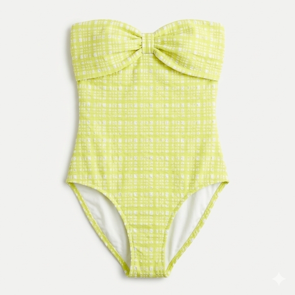 kate spade White and Lime Green Yellow One Piece Swimsuit Gingham Plaid - Picture 2 of 9